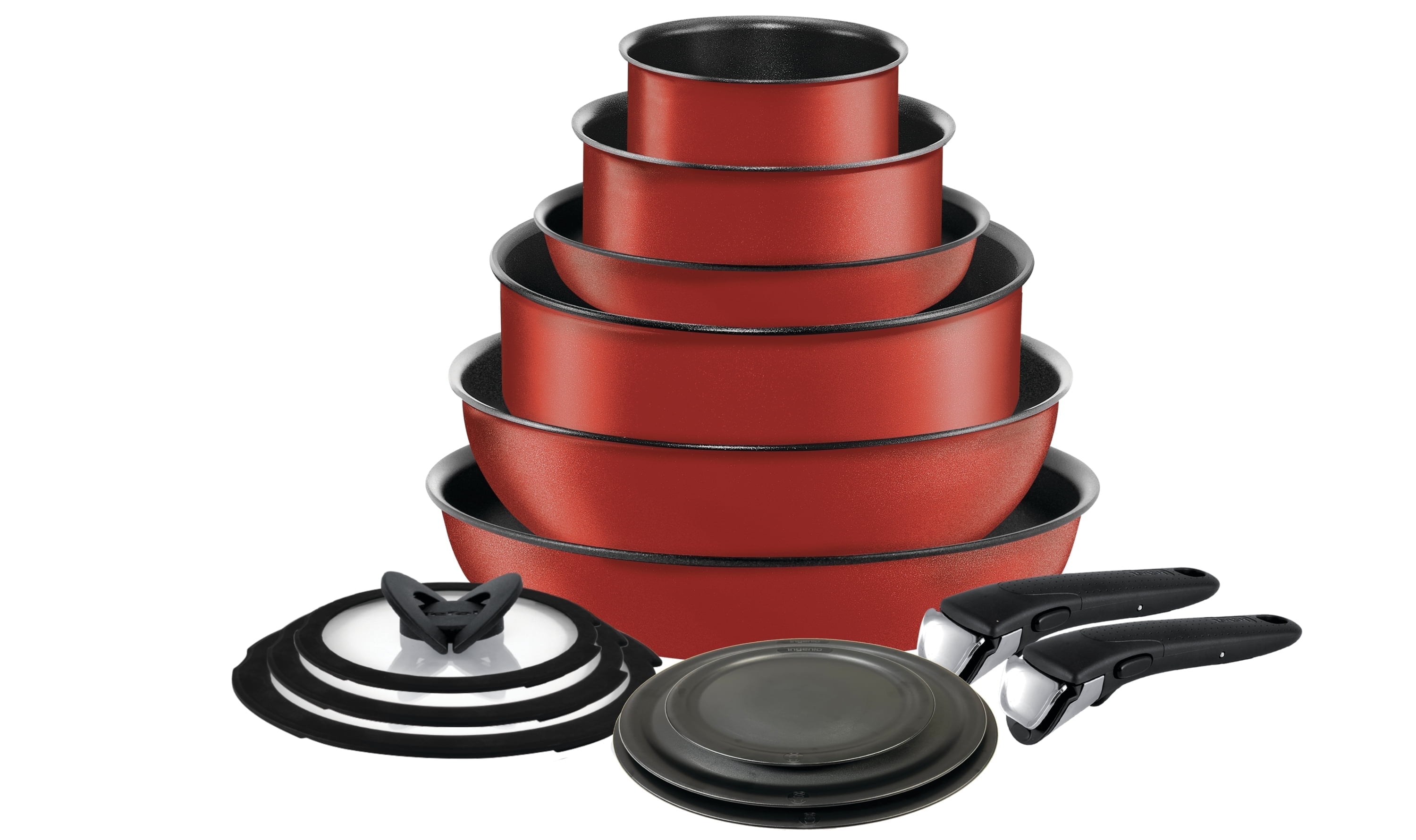 T-fal Ingenio Expertise 14 Piece Nonstick Cookware Set, Induction Oven Safe 500F, Pots and Pans, RV, Detachable Handle, Cherry Red
