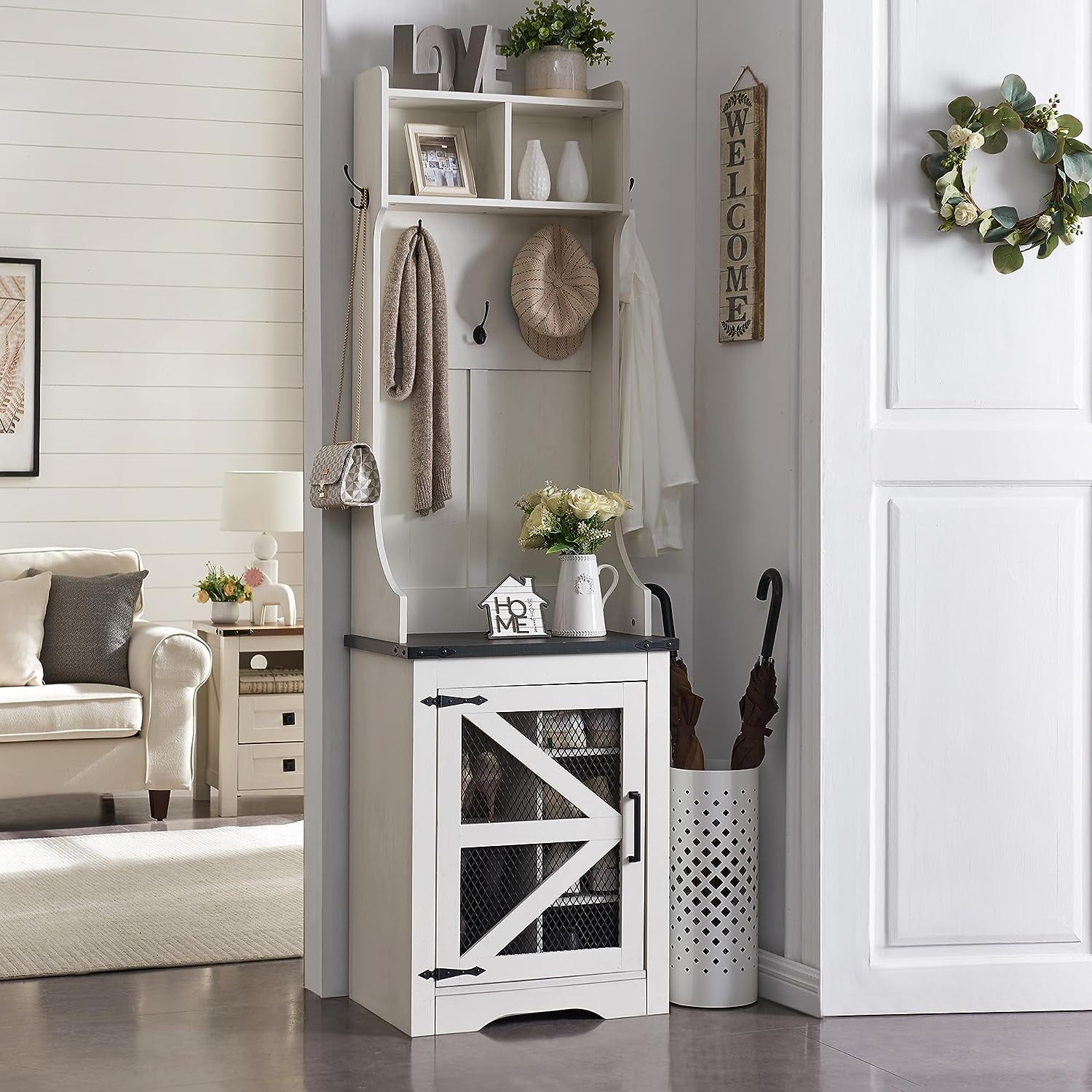 T4TREAM Farmhouse Entryway Hall Tree with Bench and Shoe Storage, Coat Rack with Coat Hooks, White
