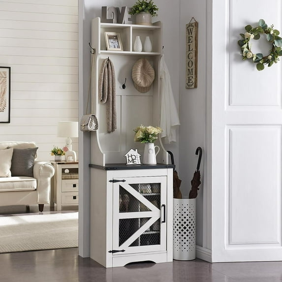 T4TREAM Farmhouse Entryway Hall Tree with Bench and Shoe Storage, Coat Rack with Coat Hooks, White