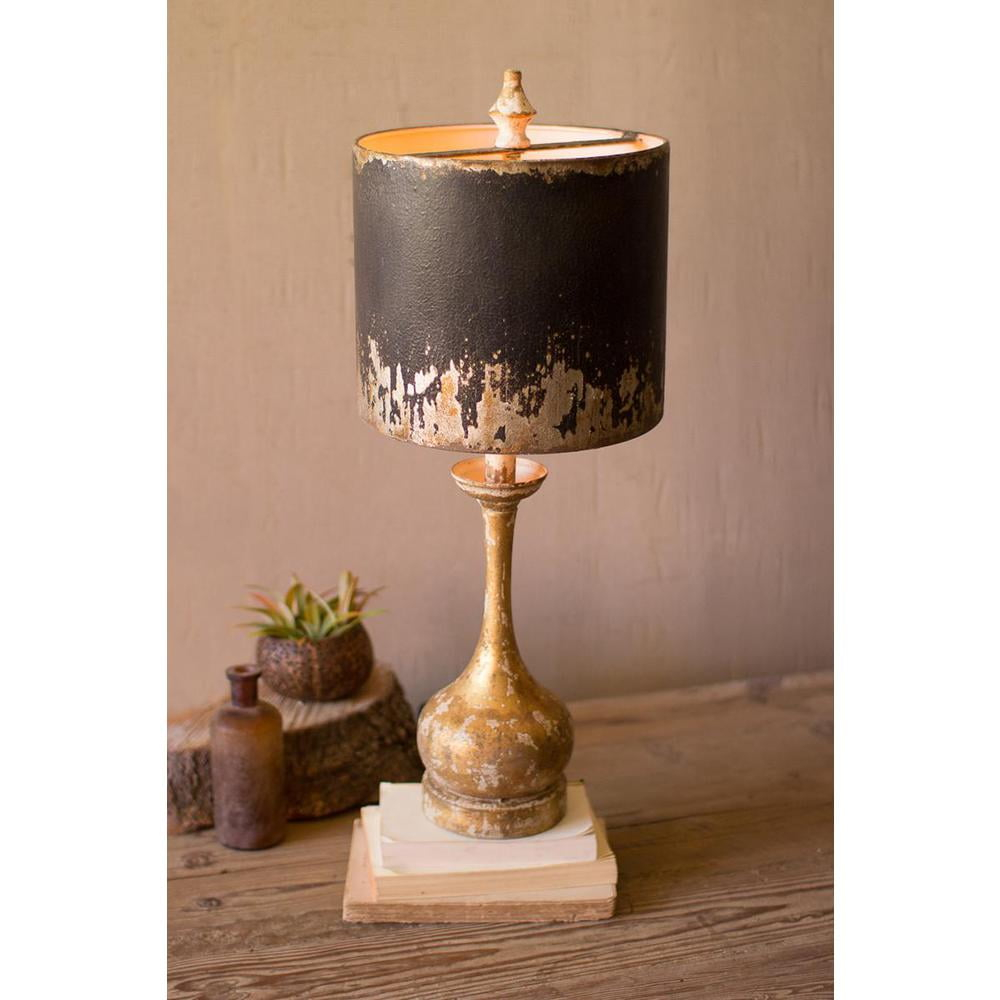 TABLE LAMP - ROUND WOODEN BASE W BLACK & GOLD METAL SHADE