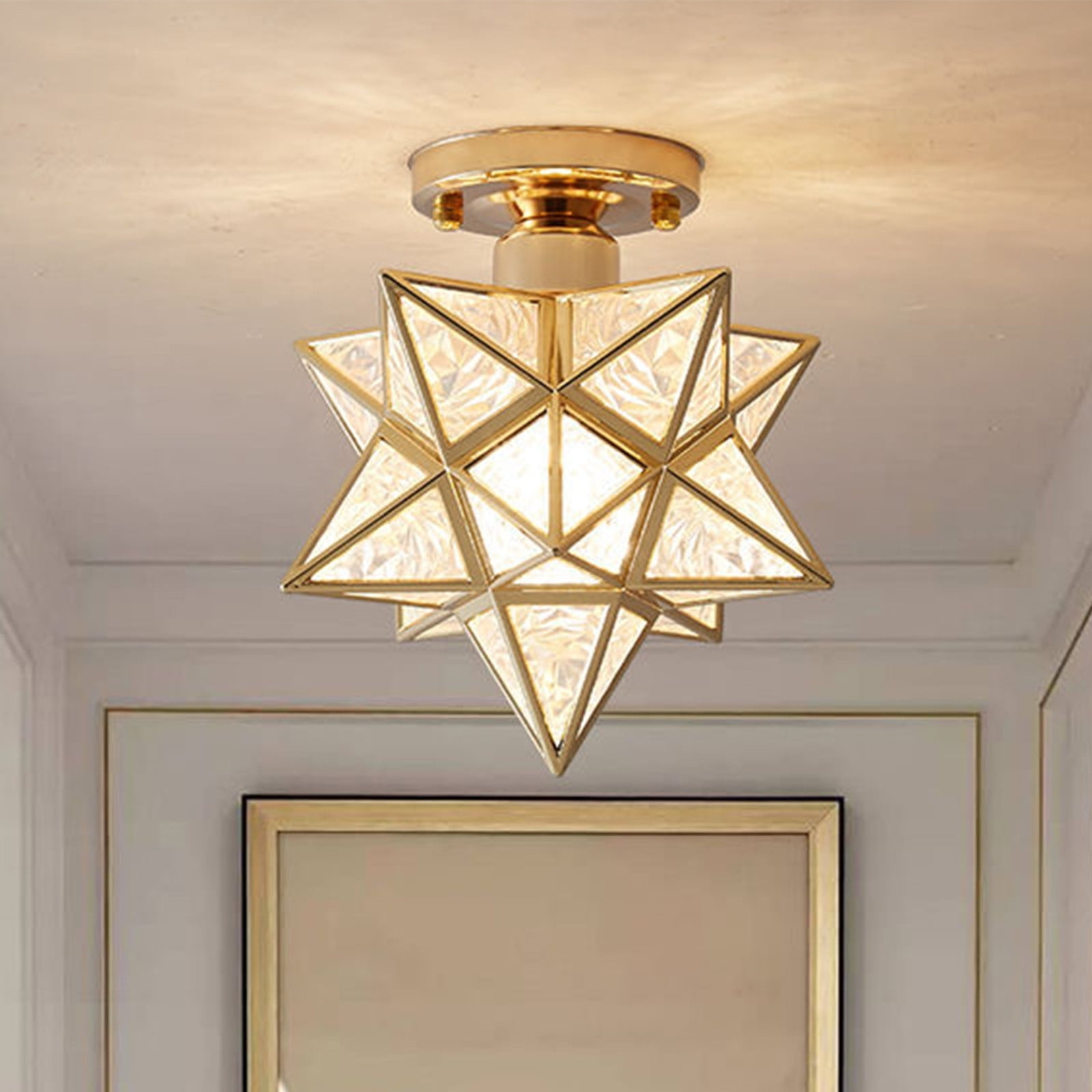 TANMAO  10-Inch Moravian Star Ceiling Light, Boho Moroccan Lamp with Seeded Glass Shade, Moravian Star Ceiling Light Modern Brass Flush Mount Lights for Office, Living Room, Dining Room, Kitchen