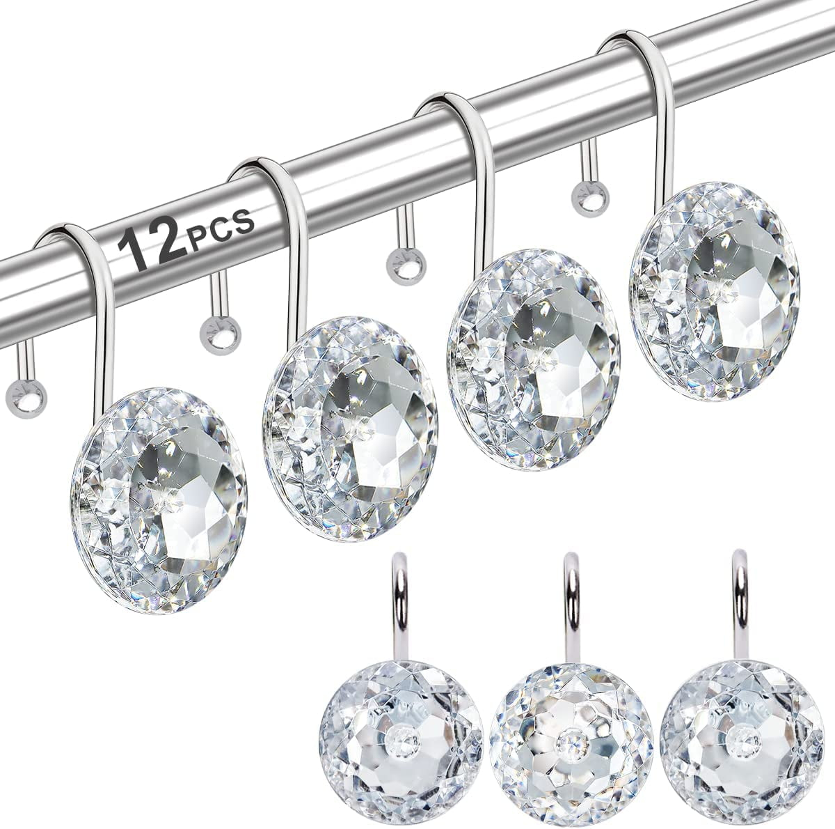 Clear Acrylic Rhinestone Stainless Steel Shower Curtain Hooks Set
