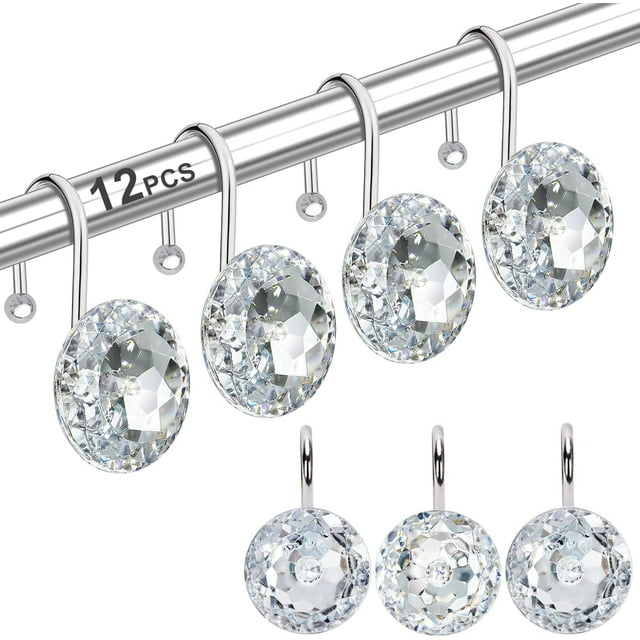Clear Acrylic Rhinestone Stainless Steel Shower Curtain Hooks Set