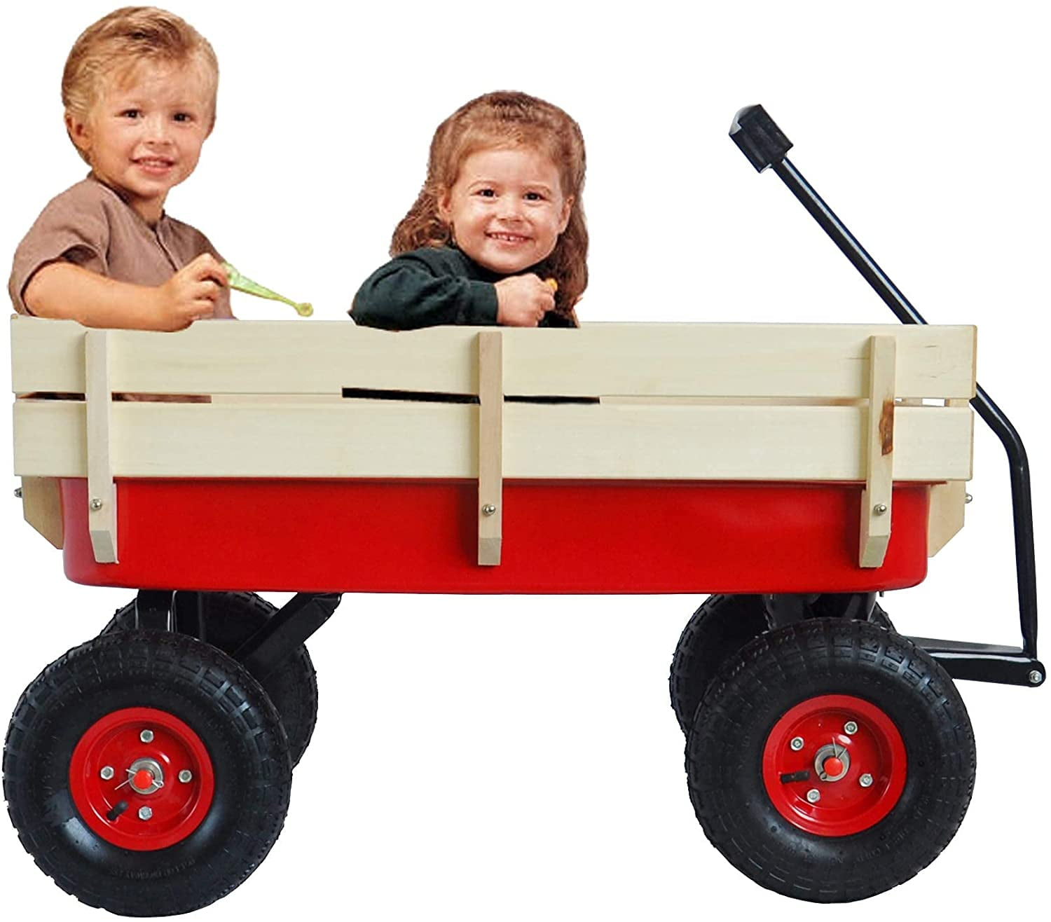 QDXFL Outdoor Wagon All Terrain Pulling w/Wood Railing Air Tires Children Kid Garden（Red）