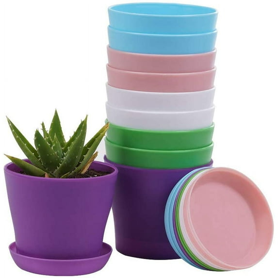TDHDIKE 10 Pcs Plastic Planters Indoor Pots, Mini Flower Seedlings Nursery Flower Pot with Pallet, Modern Decorative Gardening Containers Pink / White / Purple / Blue / Green