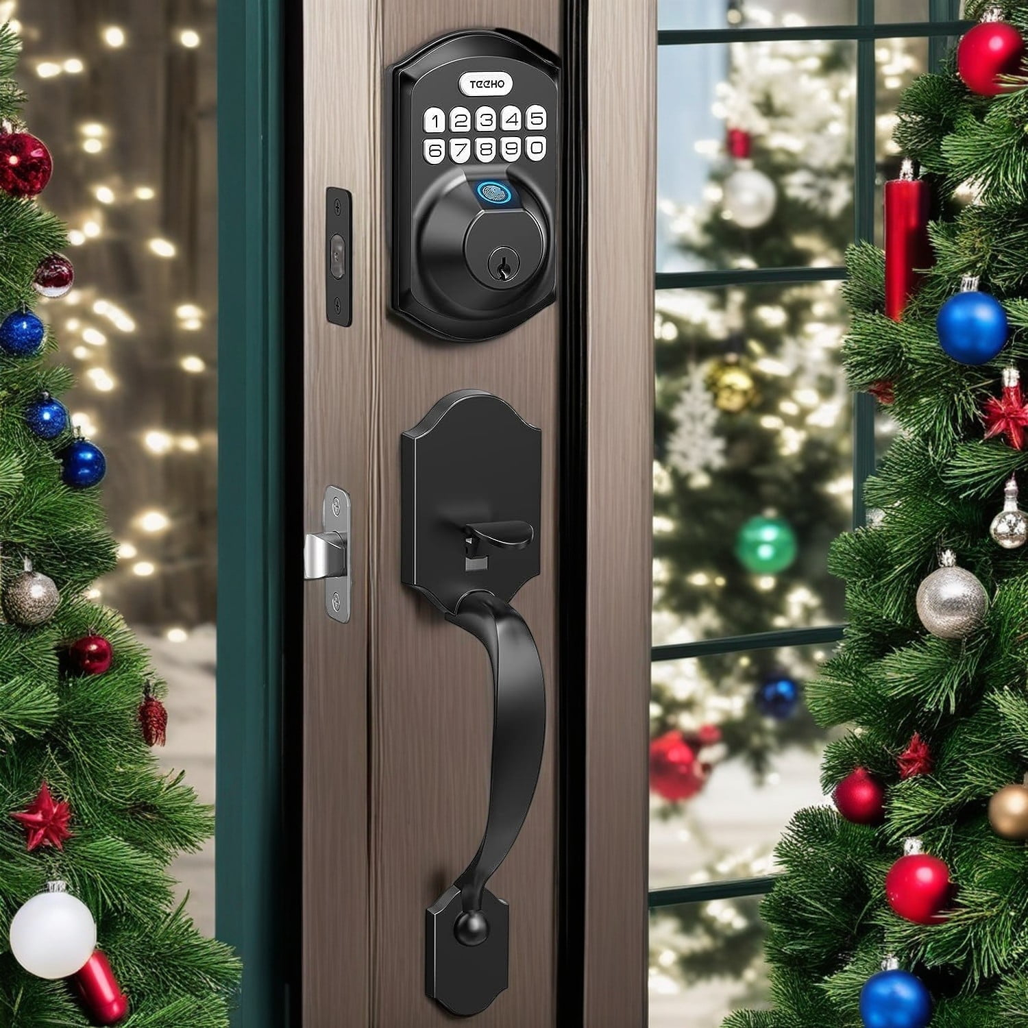 TEEHO Fingerprint Keyless Entry Door Lock Set, Electronic Front Deadbolt Locks with 2 Handles, Smart Digital Keypad Lock, Auto lock-Matte Black