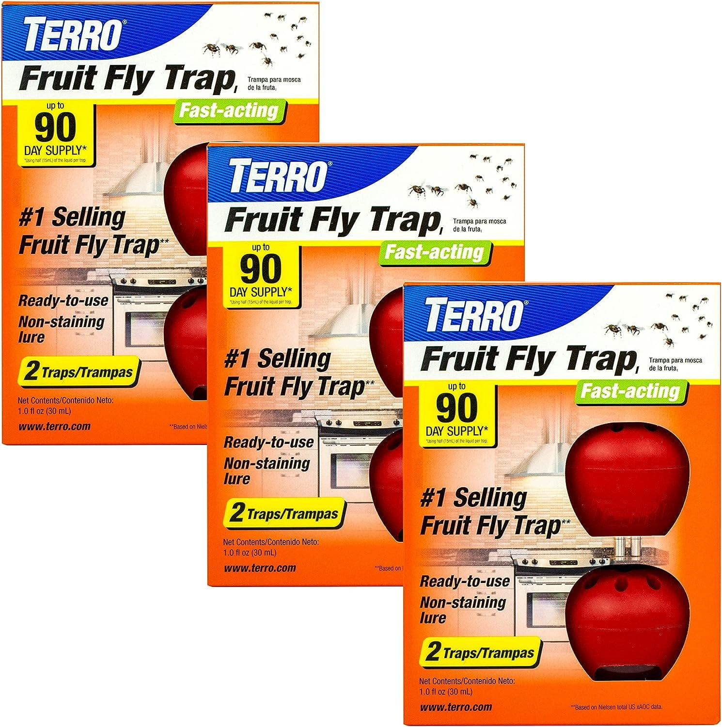TERRO T2503-3 Ready-to-Use Indoor Fruit Fly Trap with Built in Window - 6 Traps + 270 Day Lure Supply