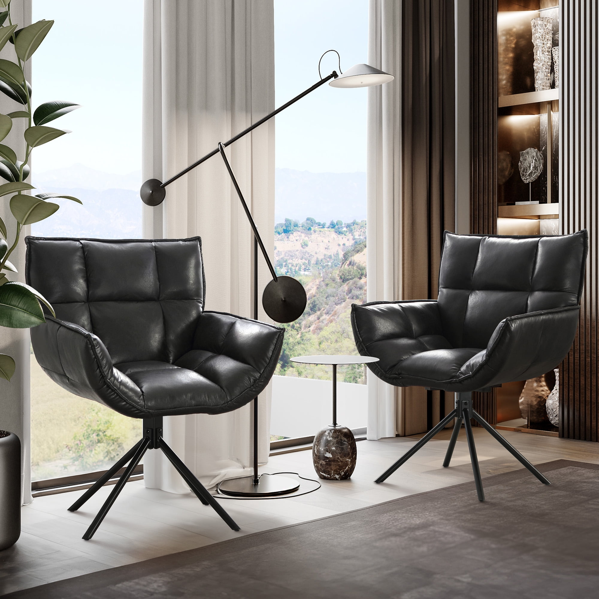 TEWLOSS Swivel Accent Chair Set of 2 Faux Leather Armchair with Metal Legs, Black