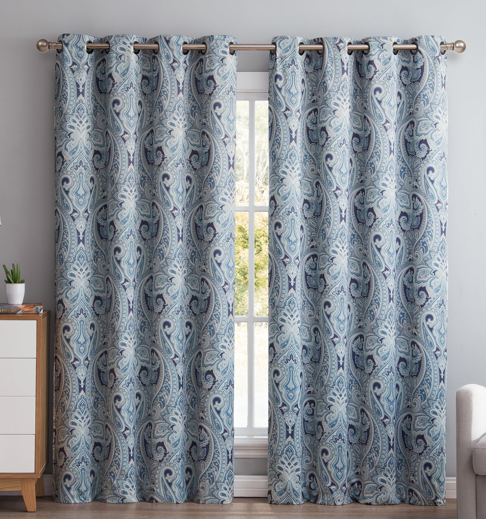 THD France Paisley Print Damask Energy Efficient Room Darkening Grommet Window Curtain Panels - Pair
