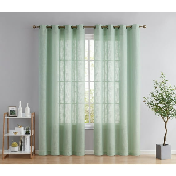 THD Serena Faux Linen Textured Semi Sheer Transparent Window Grommet Long Thick Curtain Panels, Pair