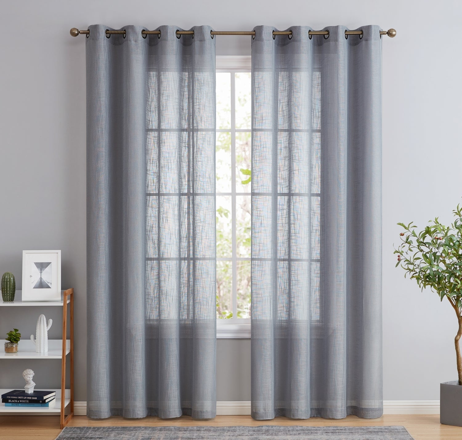 THD Serena Faux Linen Textured Semi Sheer Transparent Window Grommet Long Thick Curtain Panels, Pair
