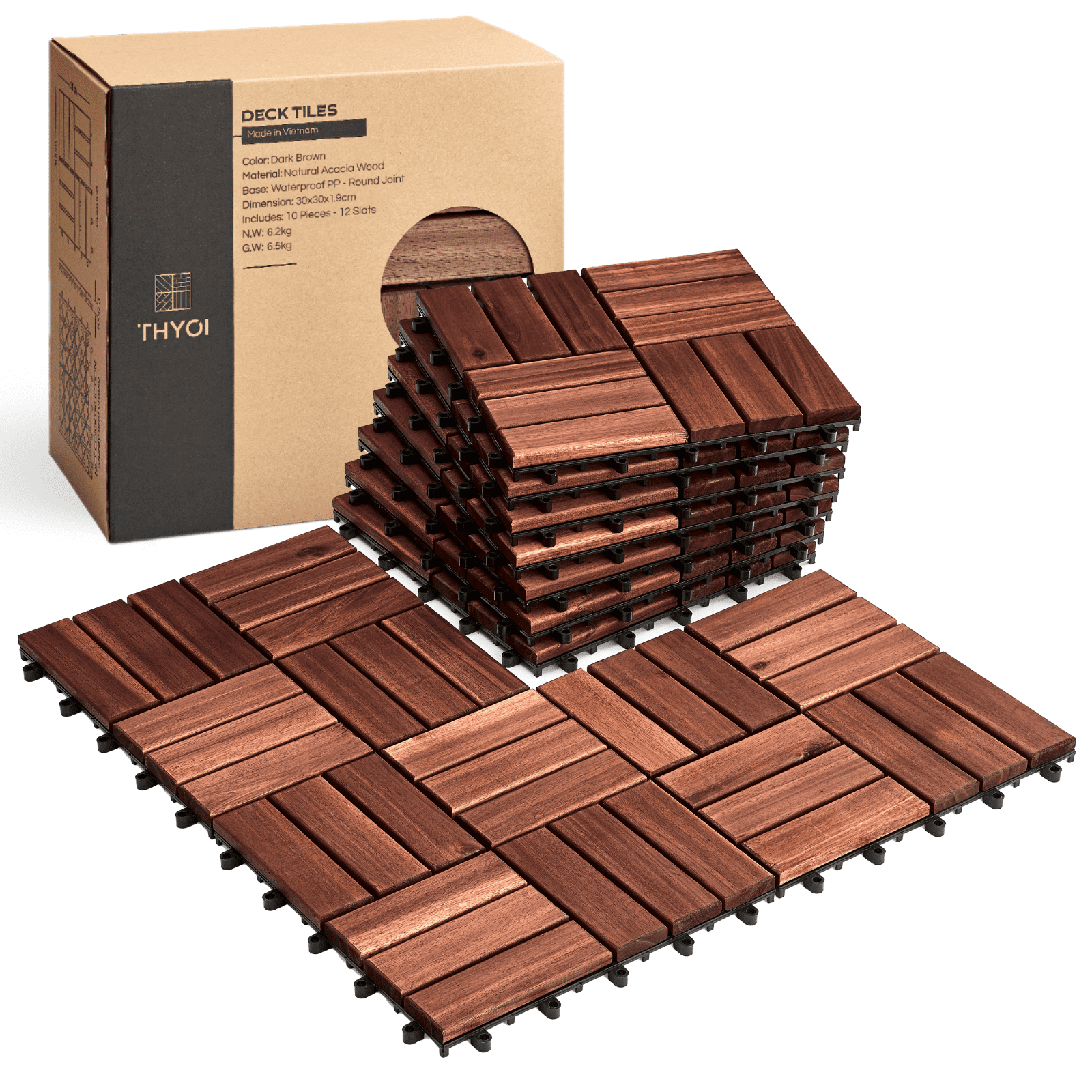 30 Pcs Premium Deck Tiles, Interlocking Deck Tile, Wooden Patio Flooring Outdoor Waterproof, Acacia Wood Decking All Weather for Balcony Indoor and Outdoor Use (Dark Brown, Round Joints)