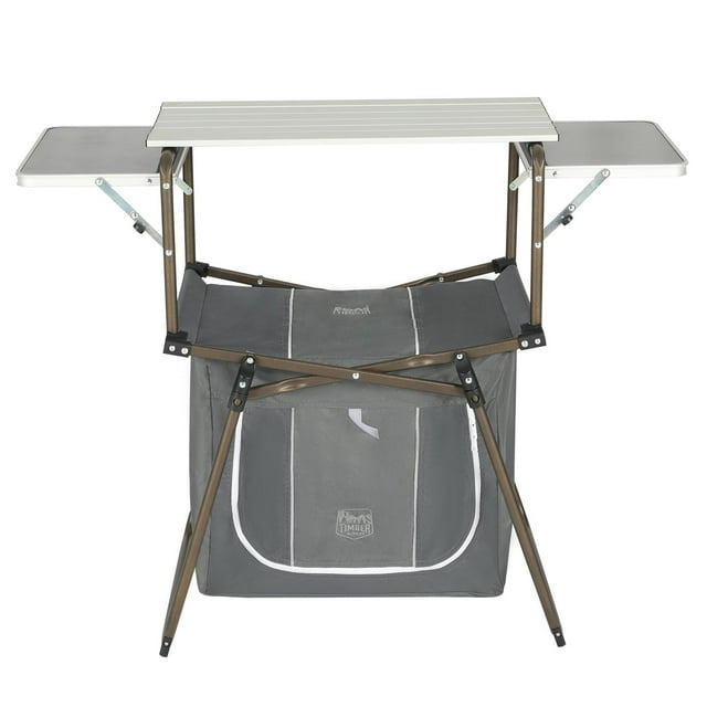TIMBER RIDGE Folding Camping Kitchen Table – Lightweight Aluminum Cook Station with Storage & Carry Bag, Portable BBQ Grill Table, Gray.