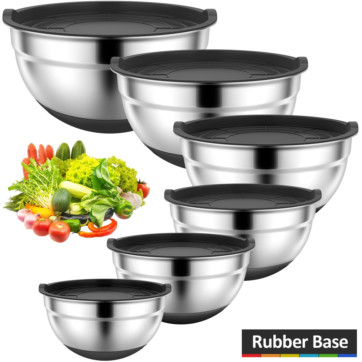 6-Piece Black Stainless Steel Mixing Bowl Set with Lids and Graters