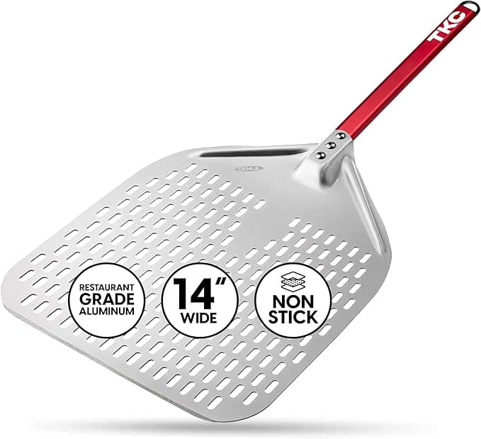 TKC Perforated Pizza Peel 14 Inch, Professional Aluminum Pizza Turning Peel, Long Handle Metal Pizza Spatula for Indoor and Outdoor, Lightweight Non-Stick, Ooni Pizza Oven Accessories