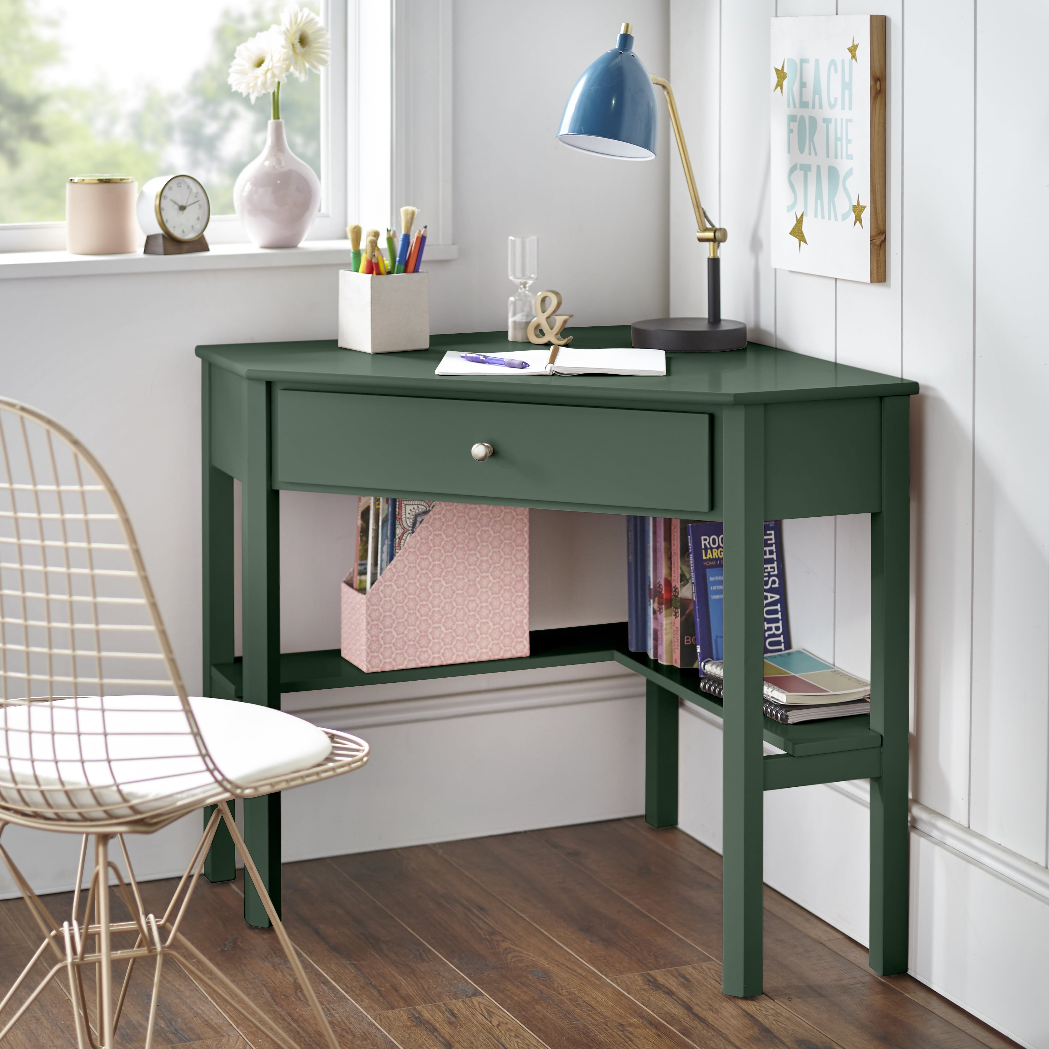 Buylateral Medford Corner Desk with Drawer Green: Pine Wood, Open Shelving, Bohemian Style