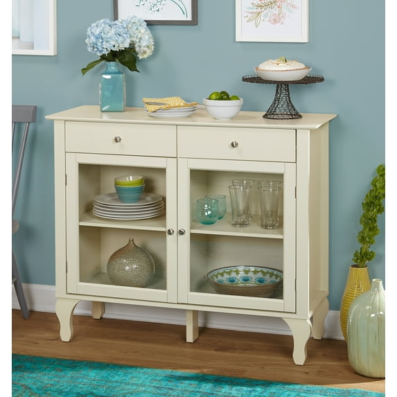 Layla Buffet Antiqued White - Buylateral: Queen Ann Legs, Glass Doors, Adjustable Shelves