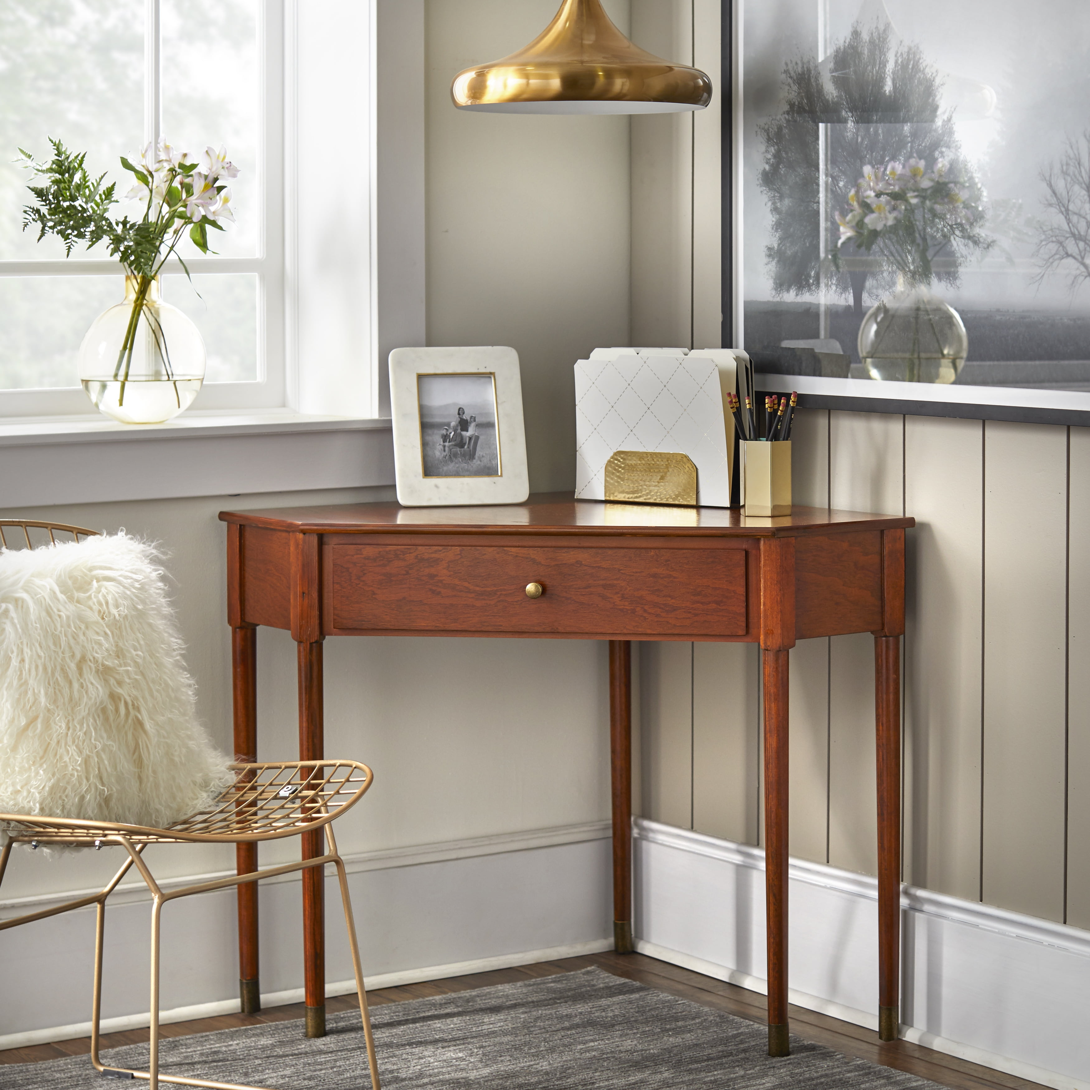 TMS Mesa Corner Writing Desk with Drawer, Mid-Century Modern, Walnut Brown Finish
