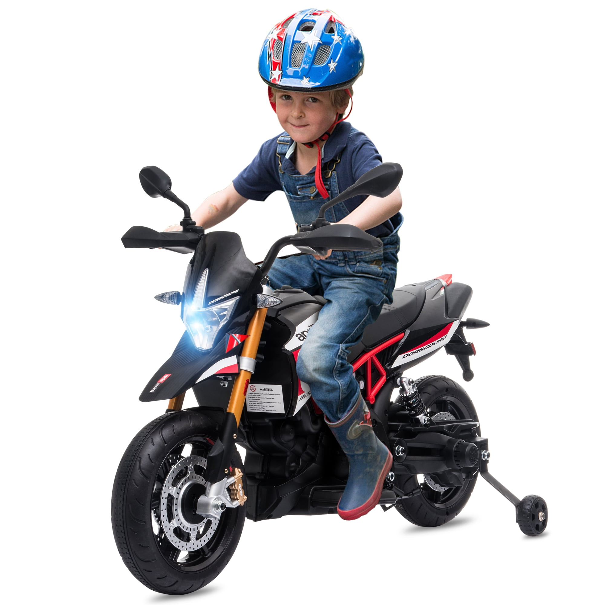 12V Ride On Toy With Training Wheels Battery Powered Dirt Bike Electric Motorcycle With LED Lights Sounds Music MP3 For Boys Girls Gifts