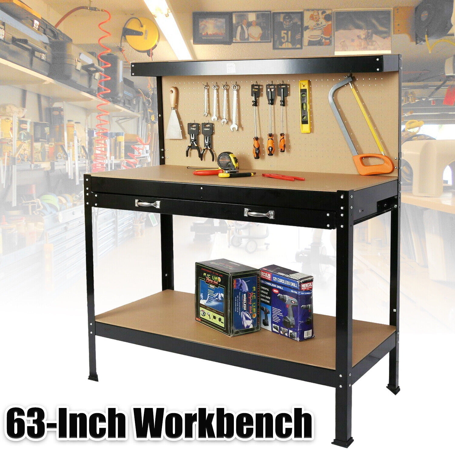 63 in. Steel Workbench Tool Storage Work Bench Workshop Tools Table with Drawer & Peg Board