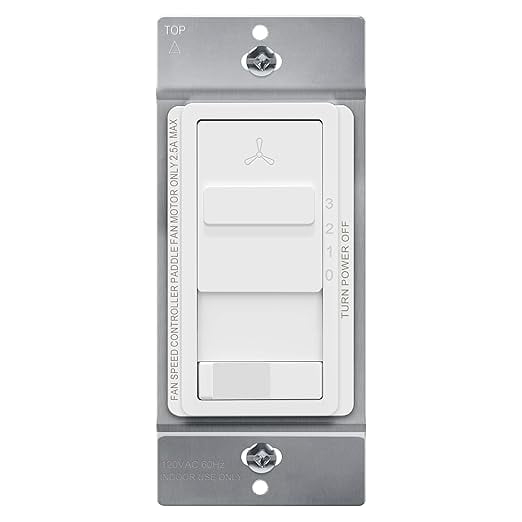 TOPGREENER Kalide 3-Speed Ceiling Fan Control Combo, in Wall Light and Fan Combination Switch, Single Pole, 2.5A, 720W, Neutral Wire Not Required, TGSFS3-W, White