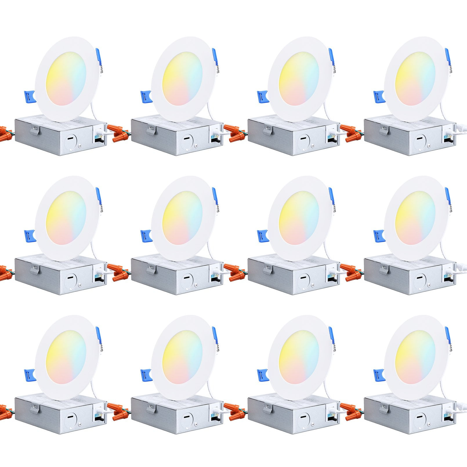 TORCHSTAR 12 Pack 4" 5CCT Dimmable LED Recessed Light with J-Box, 2700K/3000K/3500K/4000K/5000K Selectable, 10W LED Downlight, Aluminum, High Brightness, ETL & Energy Star