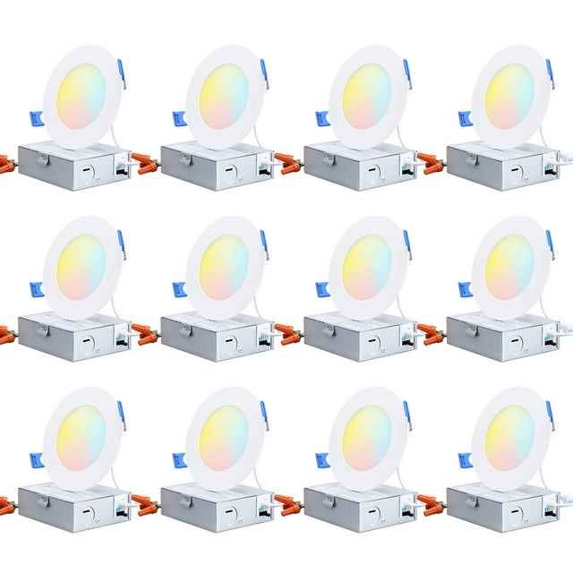 TORCHSTAR 12 Pack 4" 5CCT Dimmable LED Recessed Light with J-Box, 2700K/3000K/3500K/4000K/5000K Selectable, 10W LED Downlight, Aluminum, High Brightness, ETL & Energy Star