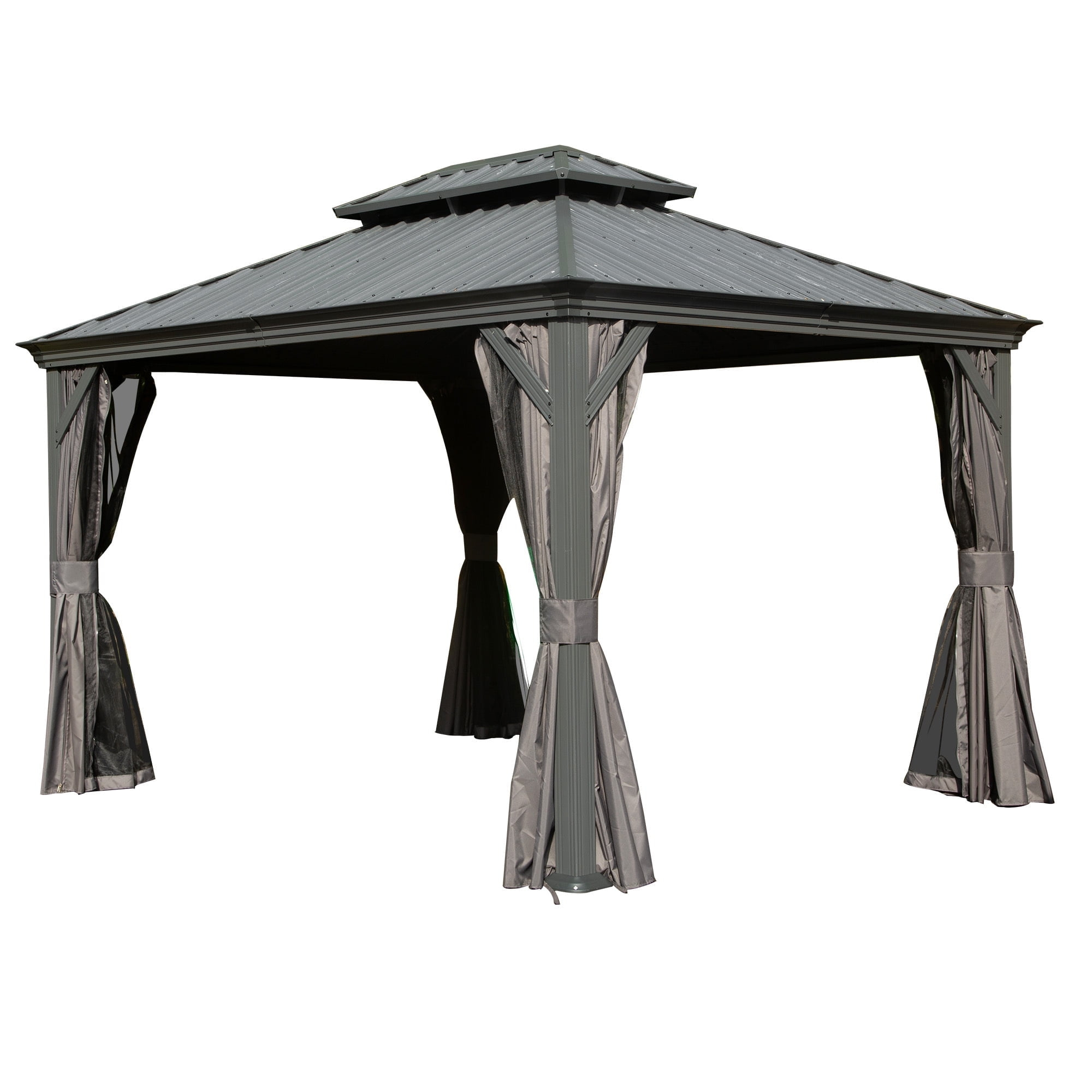 TOTAL Outdoor 10' x 12' Hardtop Gazebo, Galvanized Steel Double Roof Canopy W/Curtains and Netting, Drainage System, Sunshade for Deck, Lawns and Backyard, Gray.