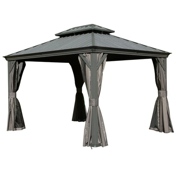 TOTAL Outdoor 10' x 12' Hardtop Gazebo, Galvanized Steel Double Roof Canopy W/Curtains and Netting, Drainage System, Sunshade for Deck, Lawns and Backyard, Gray.