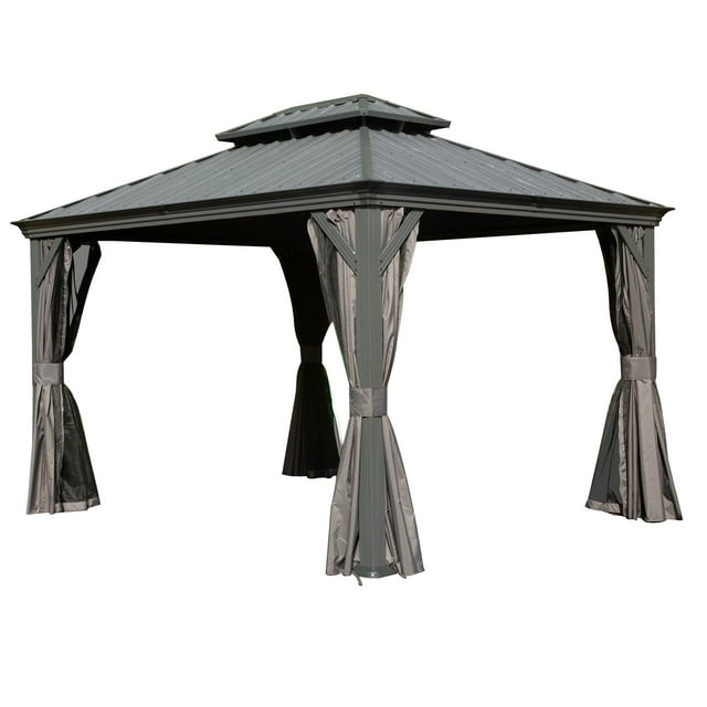 TOTAL Outdoor 10' x 12' Hardtop Gazebo, Galvanized Steel Double Roof Canopy W/Curtains and Netting, Drainage System, Sunshade for Deck, Lawns and Backyard, Gray.