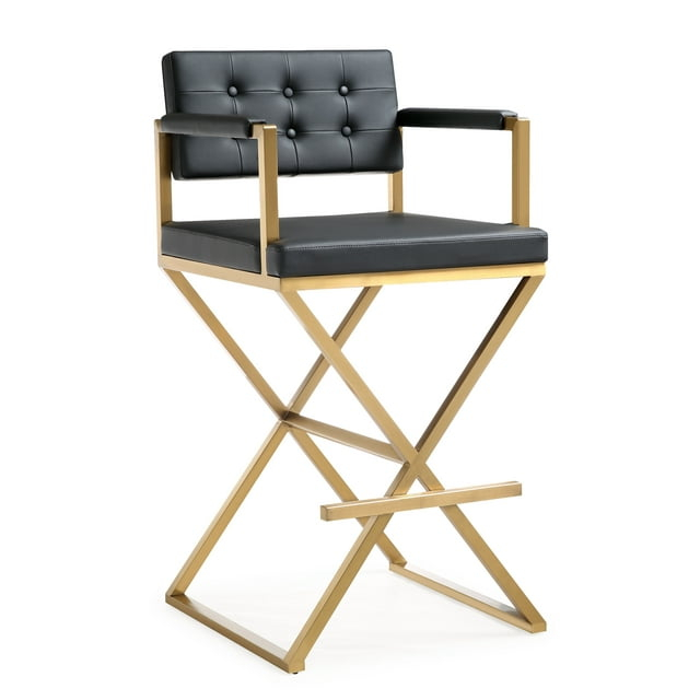TOV Furniture Director Black Vegan Leather Barstool with Gold Steel Legs