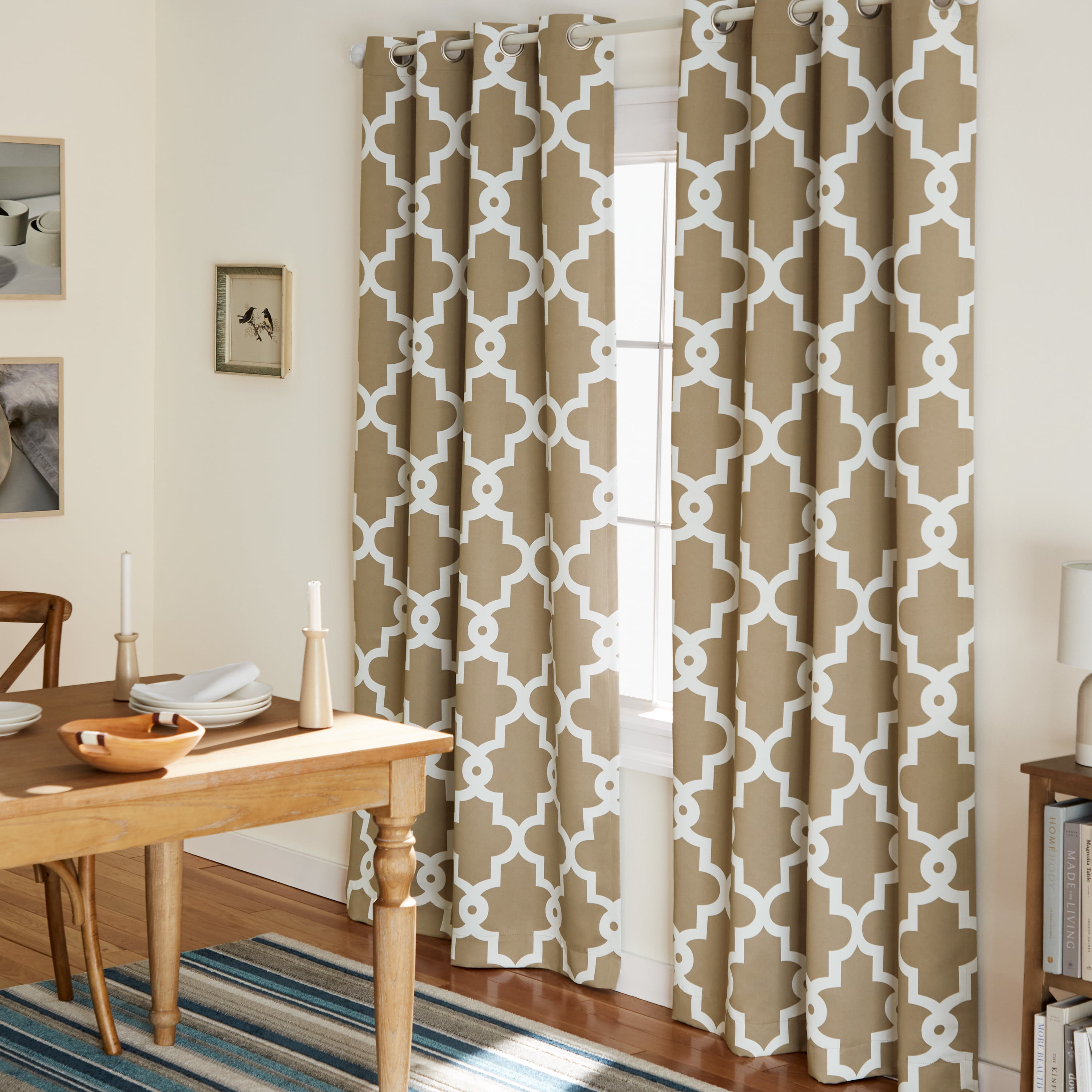 TOWN & COUNTRY EVERYDAY Ironwork Geo Trellis Sateen Indoor Curtains, Room Darkening Blackout, Grommet Top, Energy Efficient, 2-Pack Set, 52"x108", Taupe