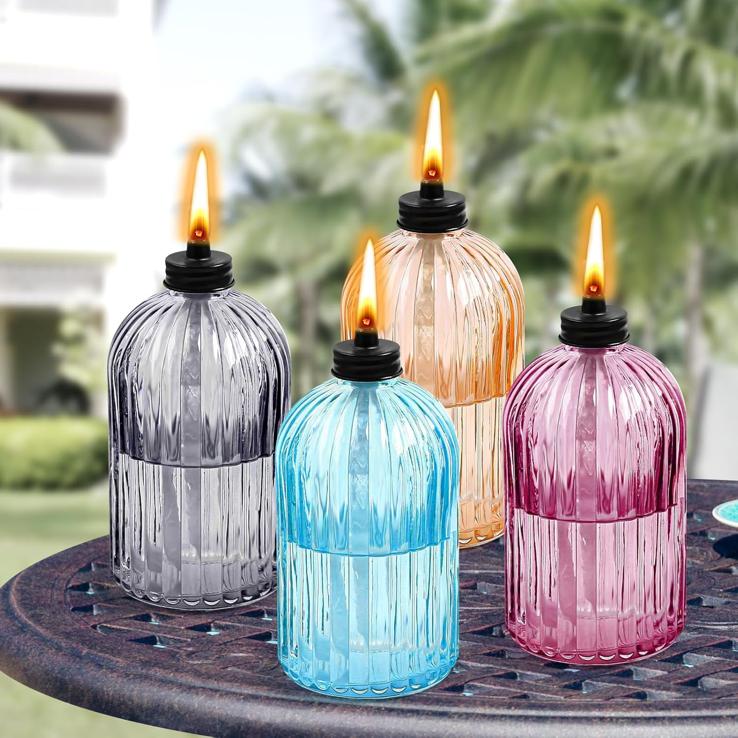 TRAHOO-4 Pack Glass Table top Torch,13.5 oz Citronella Torches for Outside,Refillable Flame Light Torch with Wicks and Covers, Landscape Lanterns Torches for Yard,Patio, Garden,Party Decor, DIY.