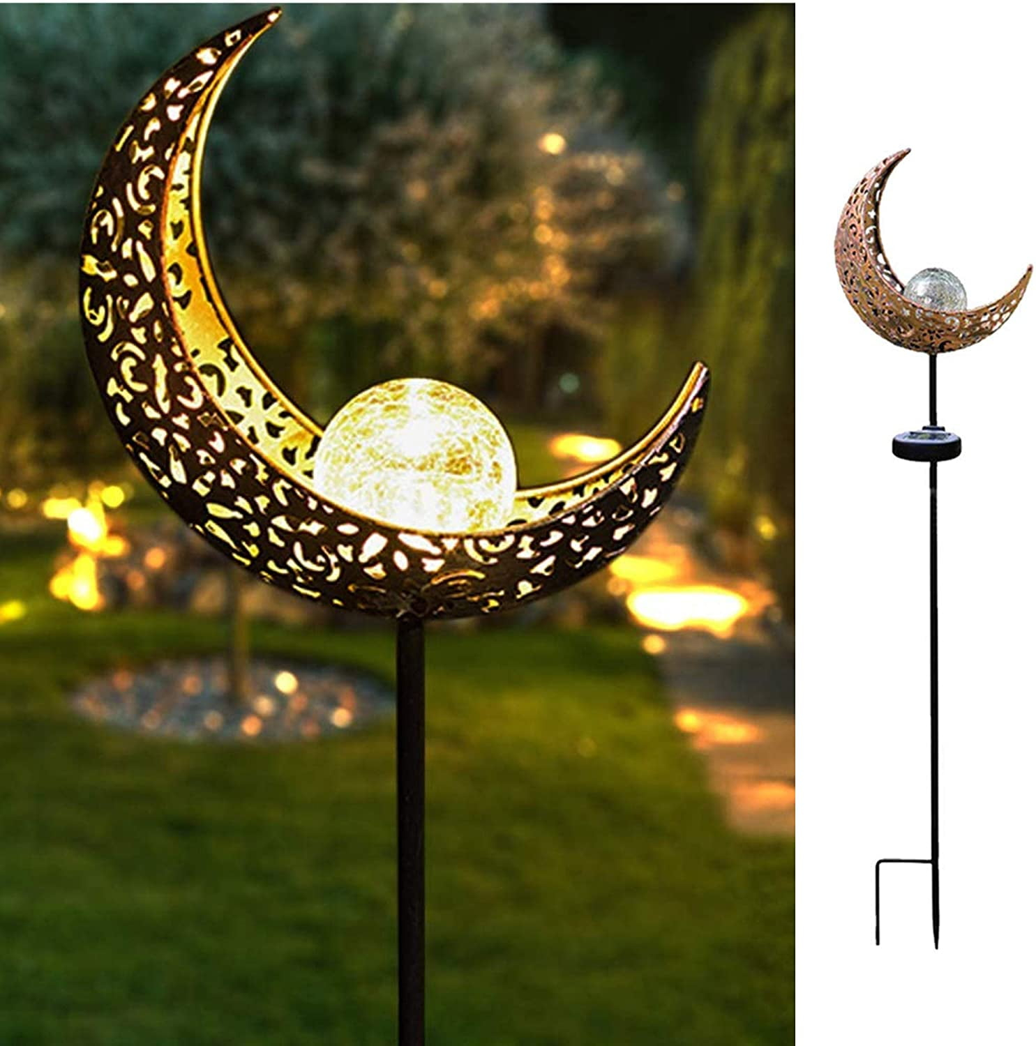 TRAHOO-Garden Solar Light Outdoor Decorative, Moon Crackle Glass Globe Stake Metal LightsWaterproof Warm White LED for Pathway, Lawn, Patio, Yard