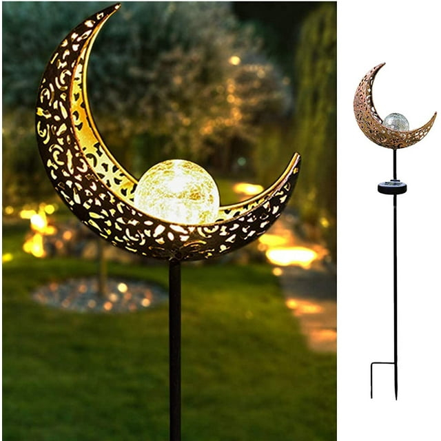 TRAHOO-Garden Solar Light Outdoor Decorative, Moon Crackle Glass Globe Stake Metal LightsWaterproof Warm White LED for Pathway, Lawn, Patio, Yard