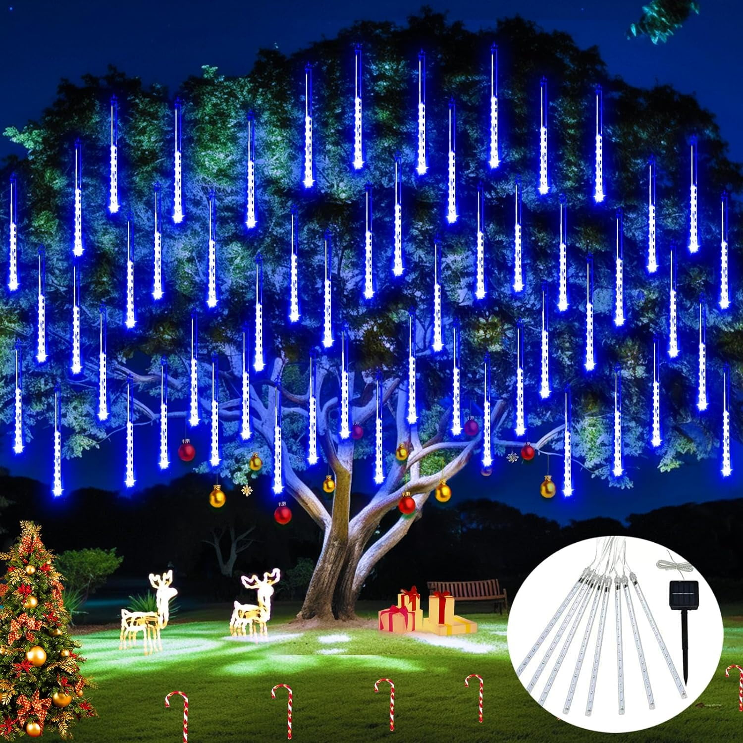 YZhouD 30cm 8-Tube 144 LED Warm White Solar Meteor Rain Lights - Falling Fairy String Lights for Xmas Tree, Wedding, Holiday Party Decor
