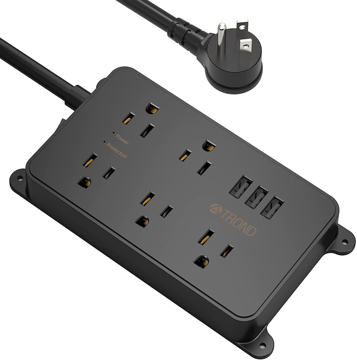 TROND Power Strip Surge Protector, ETL Listed, 15A, 5 Wide Spaced Outlets with 3 USB Ports, Wall Mountable, Flat Plug 5ft Extension Cord, 1300J, 14AWG Heavy Duty, for Office Kitchen, Black