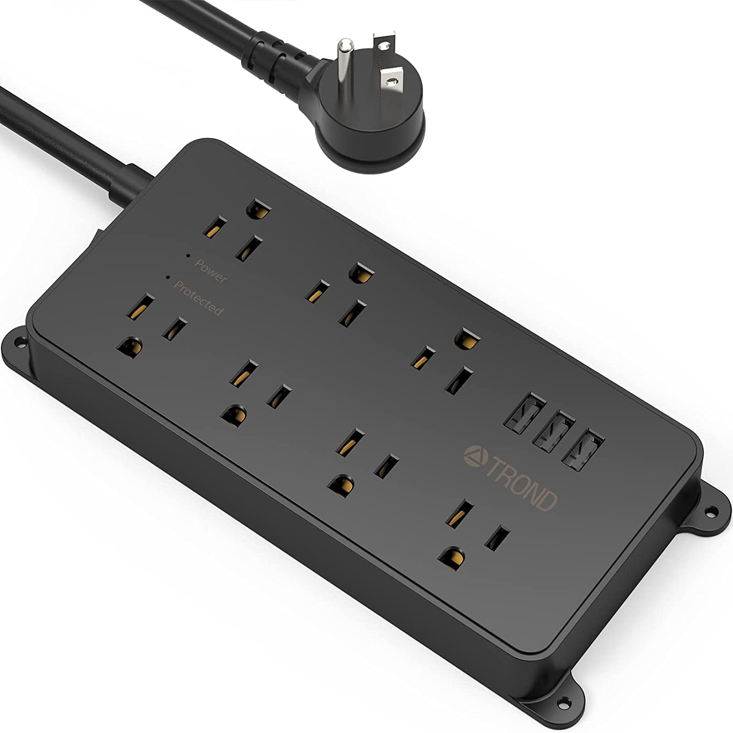 TROND Power Strip Surge Protector, ETL Listed, 15A, 7 Wide Spaced Outlets with 3 USB Ports, 14AWG Heavy Duty, 5ft Extension Cord, Wall Mount/Under Desk, 1700J, for Home Office Garage, Black