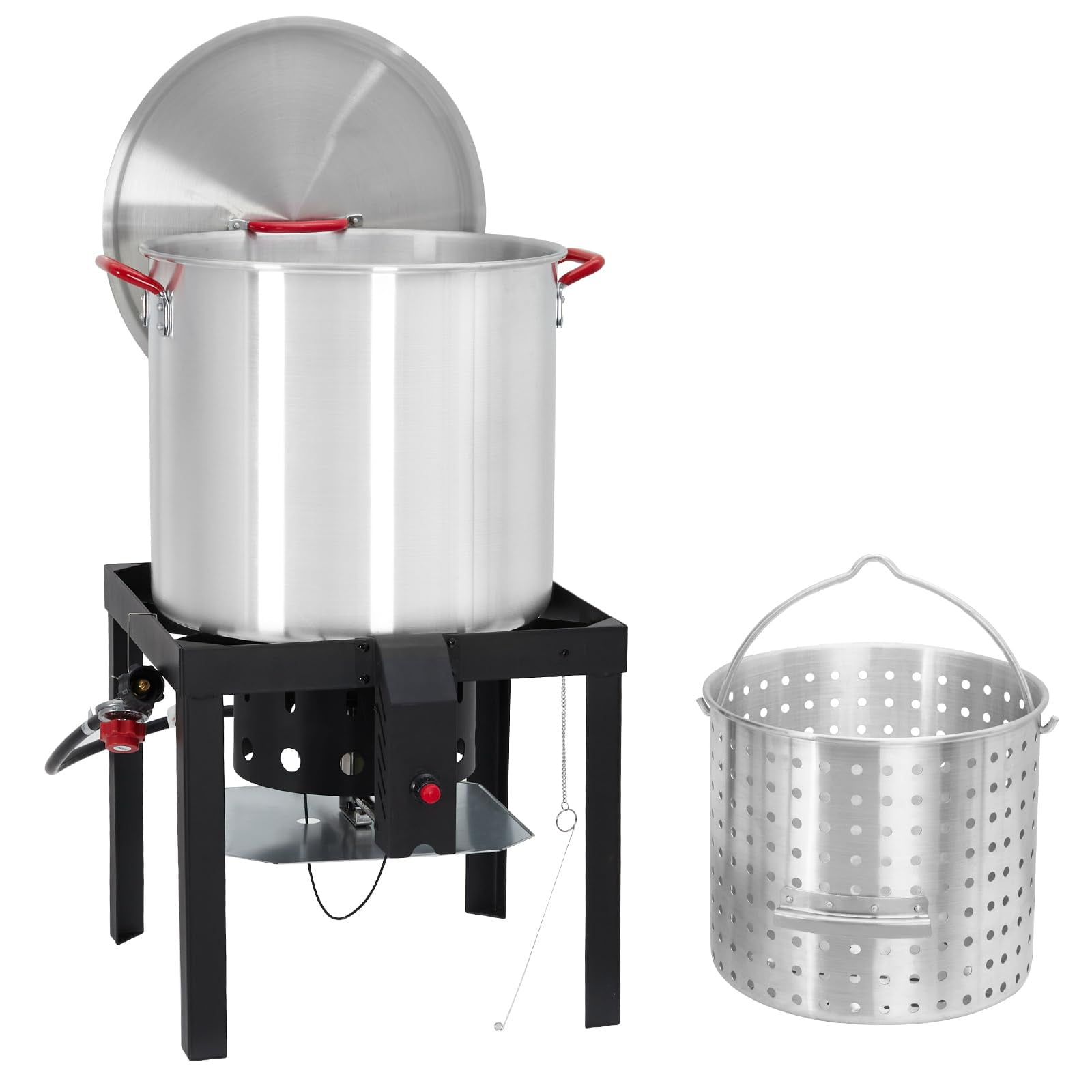 TROPOW 100 Qt Seafood Boil Pot,ACONEE Aluminum Crawfish Boiler w/Steam/Boil Basket & Strainer,110000 BTU Propane Stove Burner with Lifting Hook,10 PSI Regulator,Outdoor Cooking Shrimp Crab Boiler
