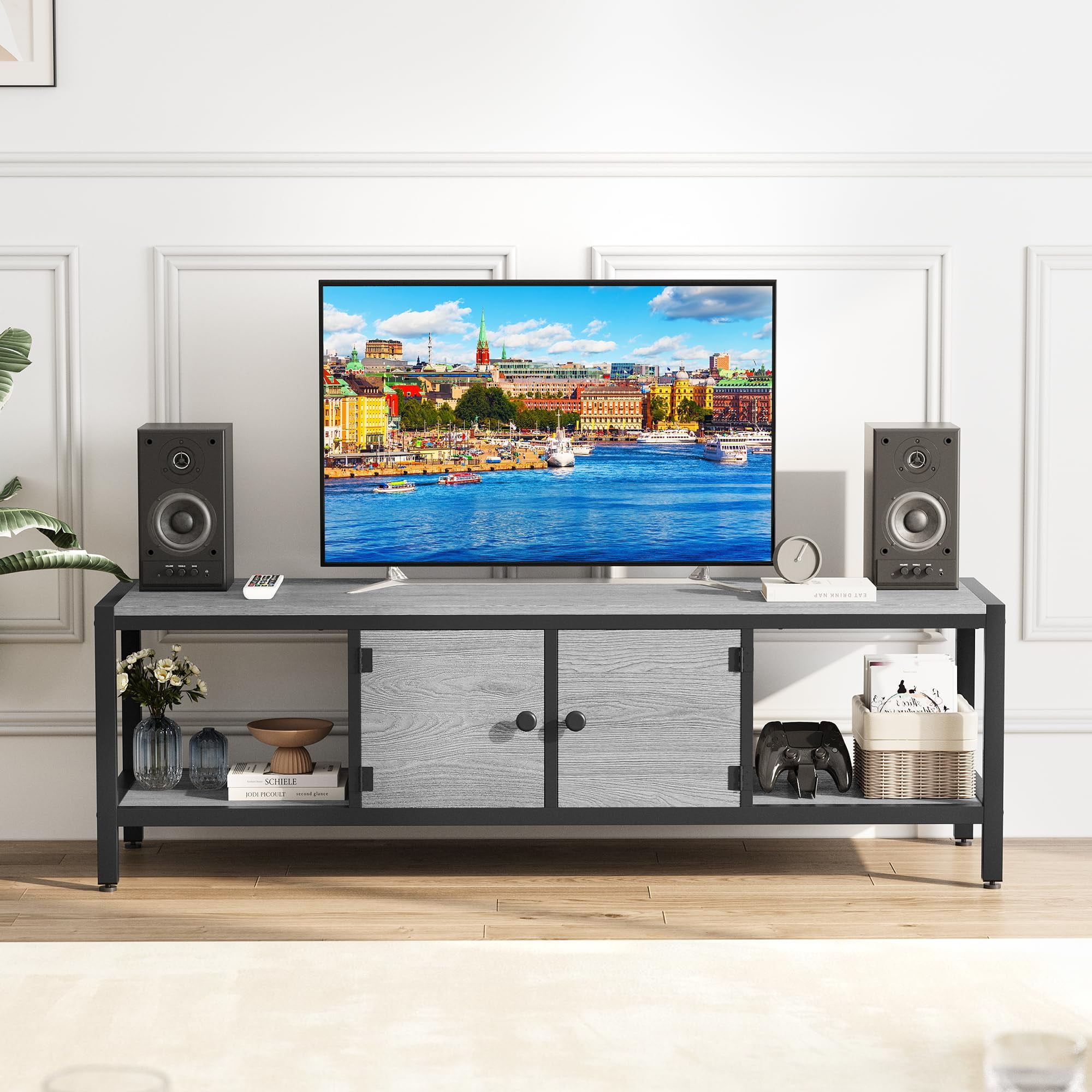 TROPOW Tv Stands for Living Room,58" Large TV Console Table with 2 Closed Storage Spaces and Open Compartments, Wooden Entertainment Center with Adjustable Feet for Living Room, Bedroom,Gray