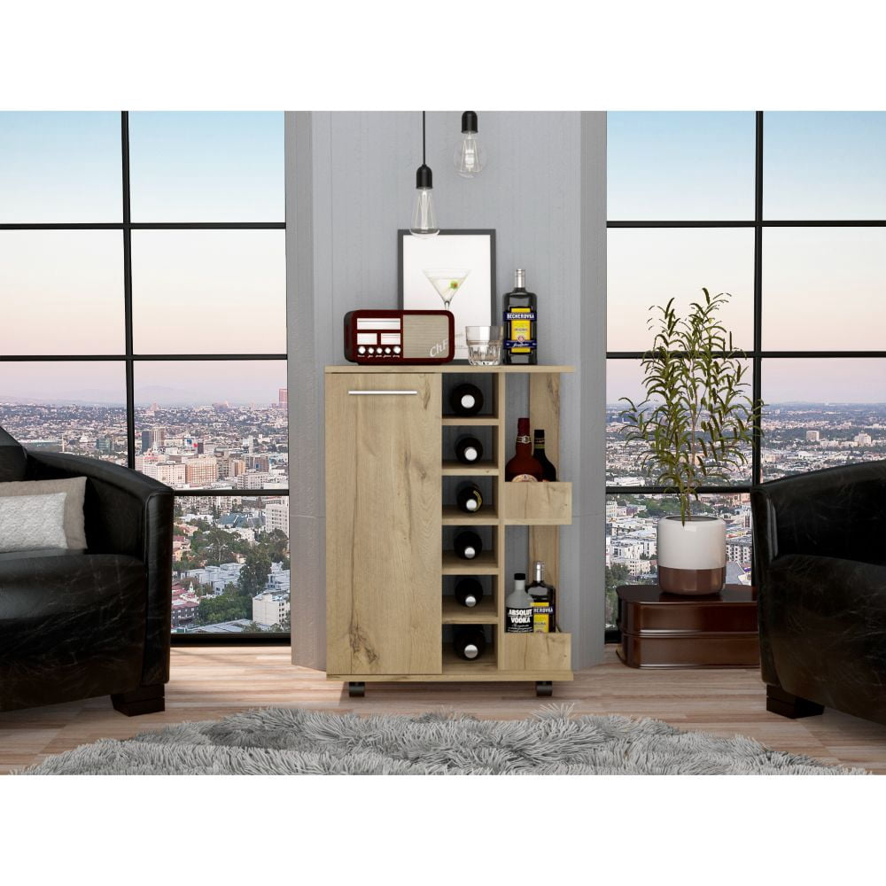 Bar Cart, Two External Shelves, Four Casters, Six Wine Cubbies, Single Door Cabinet