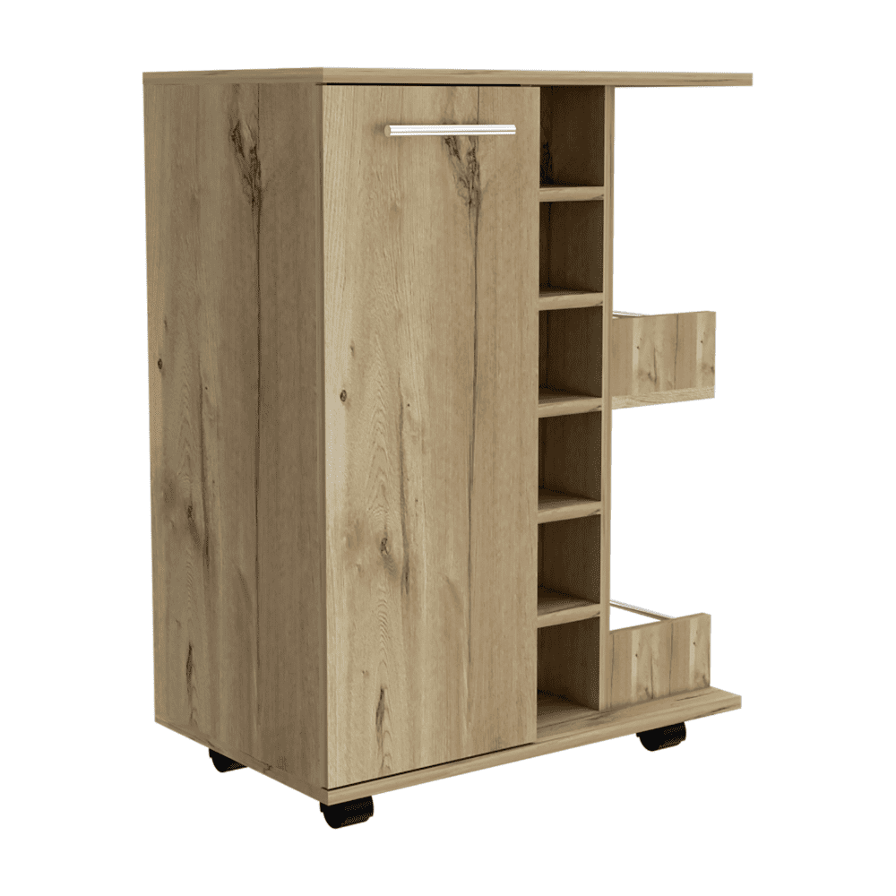 Bar Cart, Two External Shelves, Four Casters, Six Wine Cubbies, Single Door Cabinet
