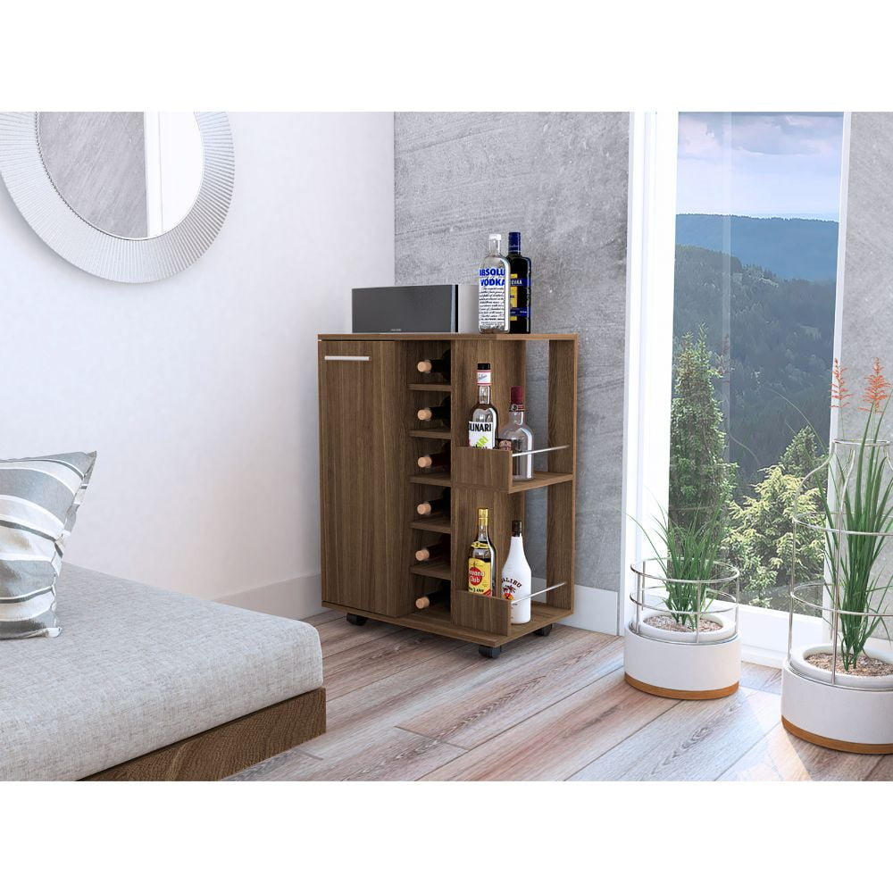 Bar Cart, Two External Shelves, Four Casters, Six Built-in Wine Rack, Single Door Cabinet Dark Walnut