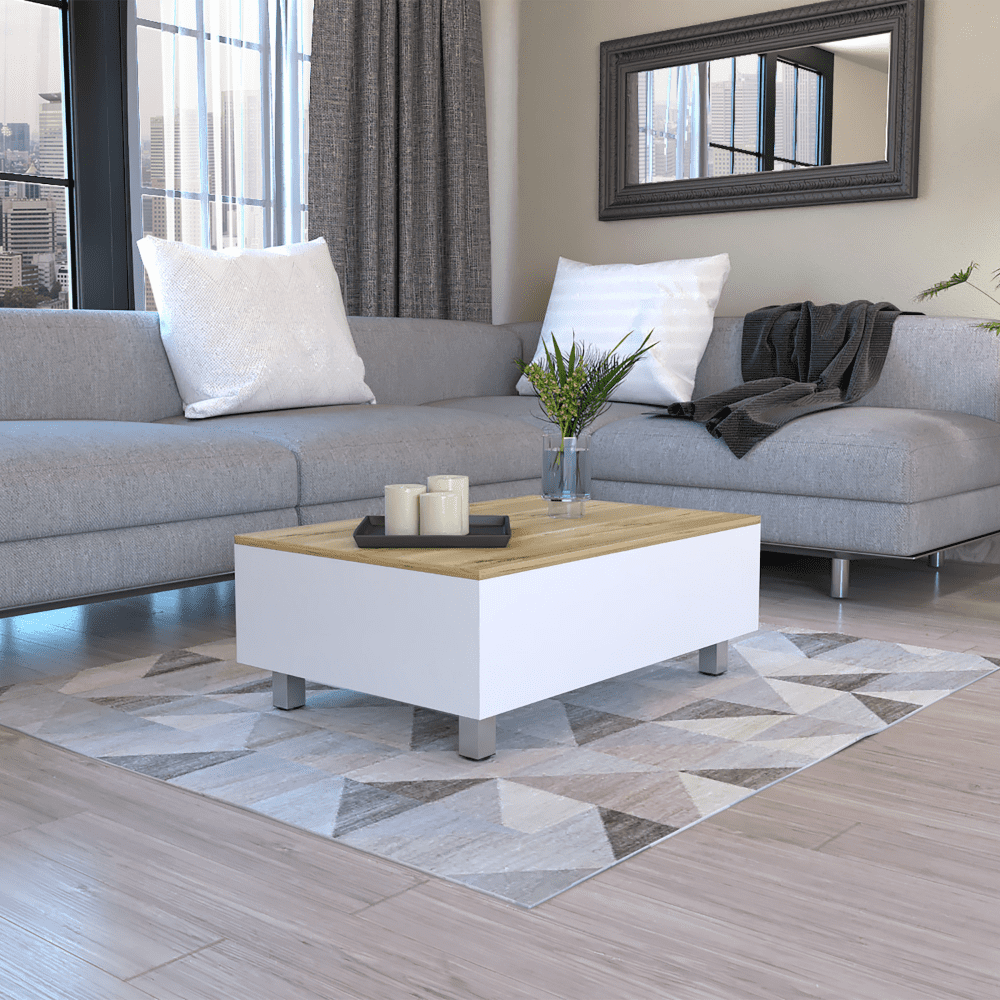 Tuhome Furniture Gambia Lift Top Rectangular Coffee Table in White/Light Oak