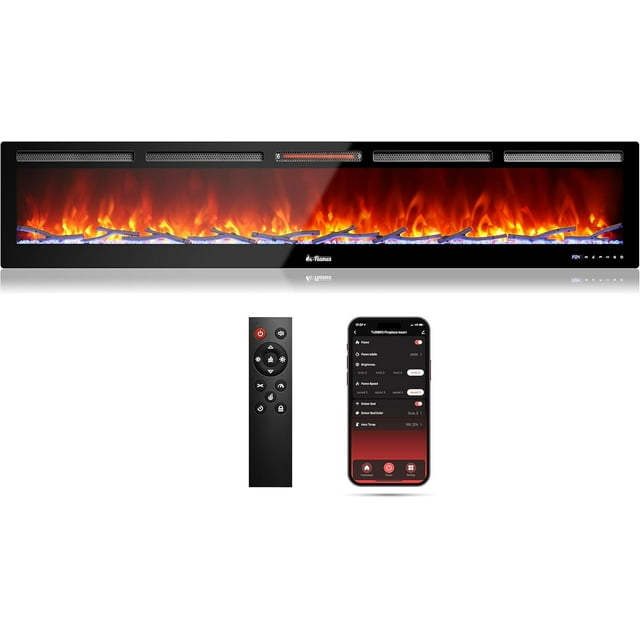 TURBRO 88” Smart WiFi Infrared Electric Fireplace with Sound Crackling and Realistic Flame, 1500W Quartz Heater, Recessed or Wall Mounted, Adjustable Flame Effects, Remote Control and App, in Flames