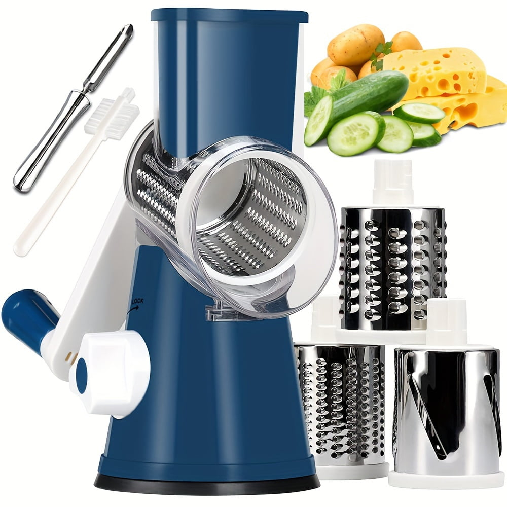 TURTM  KEOUKE Rotary Cheese Grater with Ergonomic Handle - Effortless Slicing & Grating for Cheese  Potatoes  Zucchini  Nuts & Chocolate - 3 Interchangeable Stainless Steel Blades - Versa