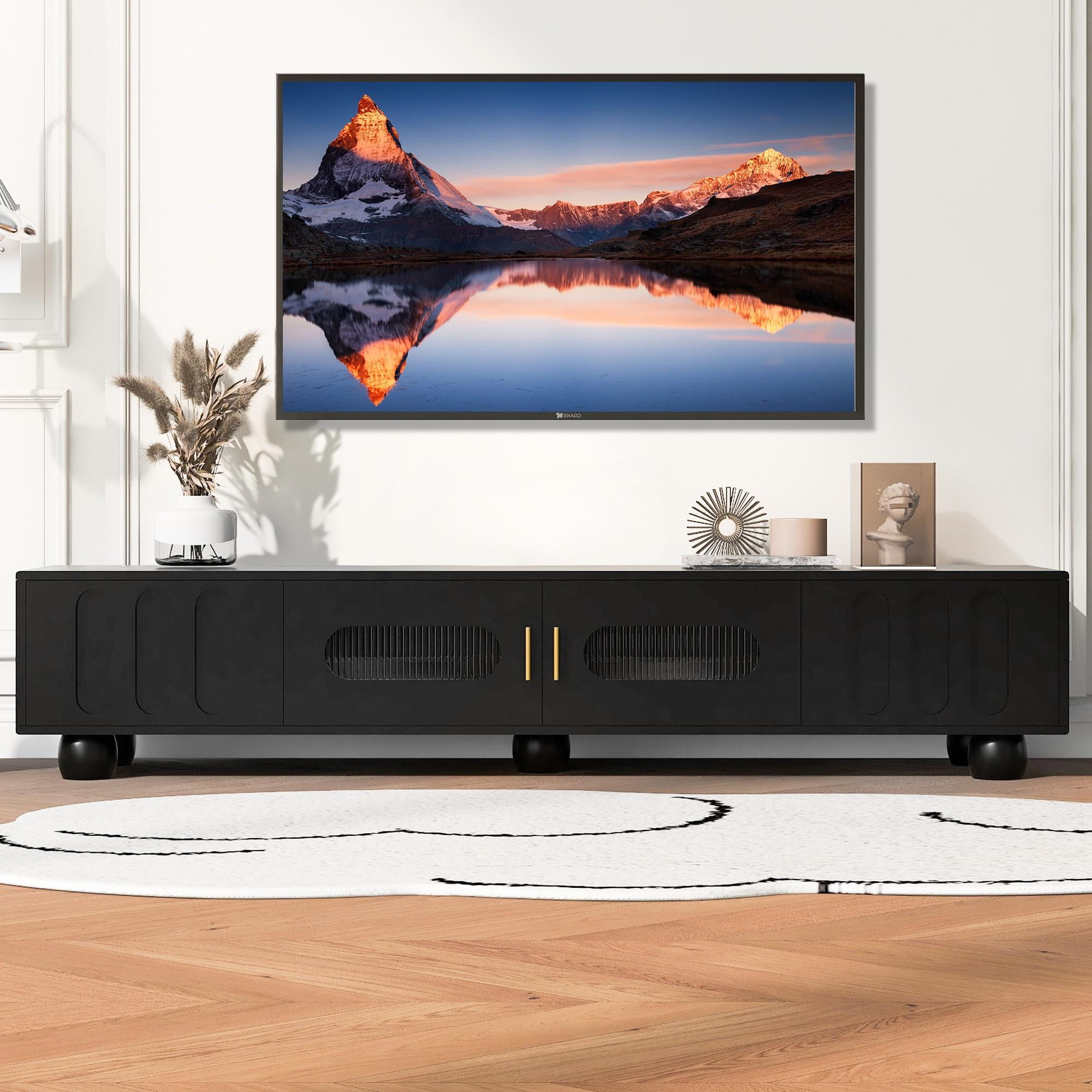 TV Console with 2 Glass Doors, FURNINEST Entertainment Center for TVs up to 80", TV Stand with 2 Drawers, Modern TV Cabinet Furniture, Television Stand with Wood Legs for Living Room Bedroom, Black