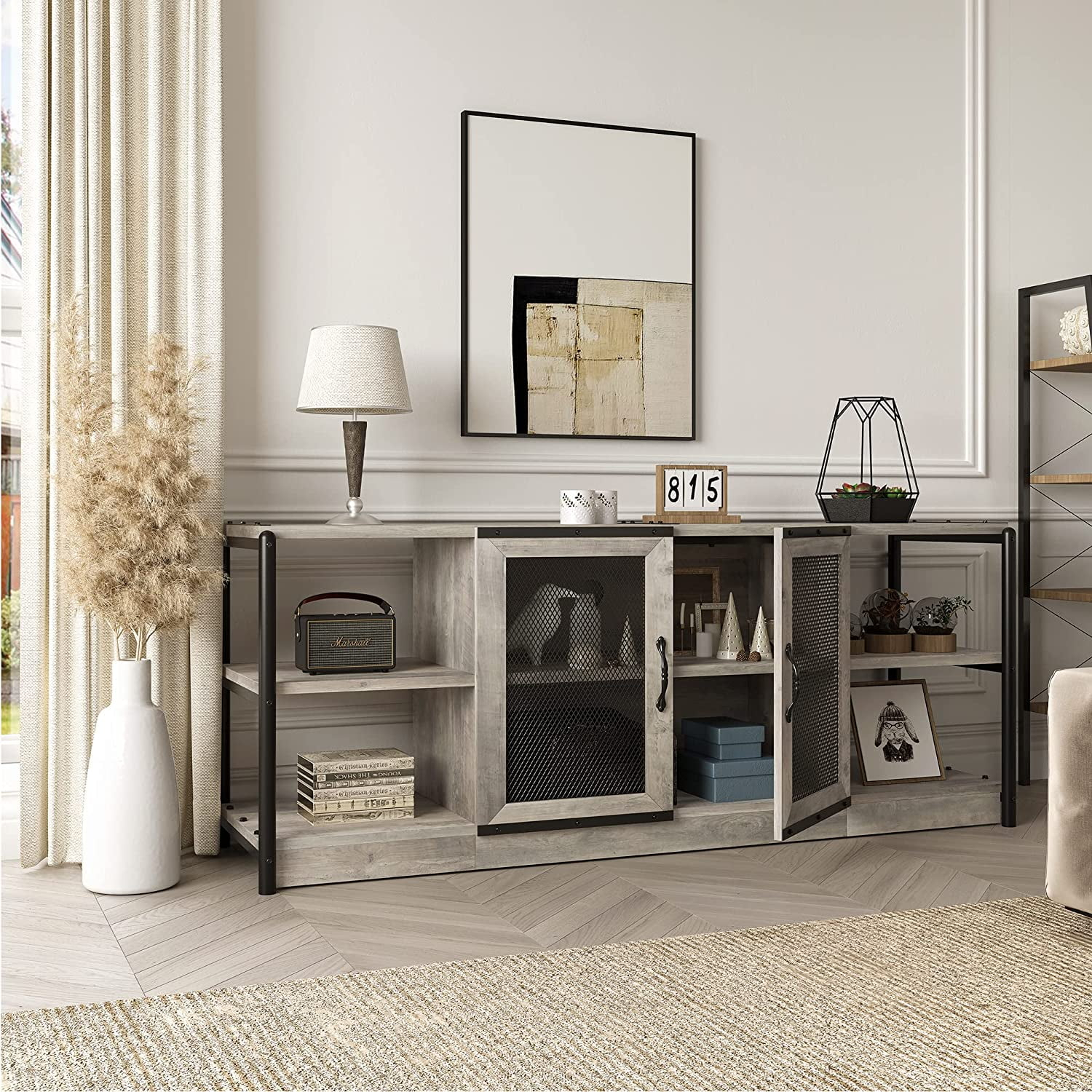 TV Stand Farmhouse Entertainment Center with Double Mesh Door Industrial TV Console Table with Storage Shelves for Televisions up to 65 inch