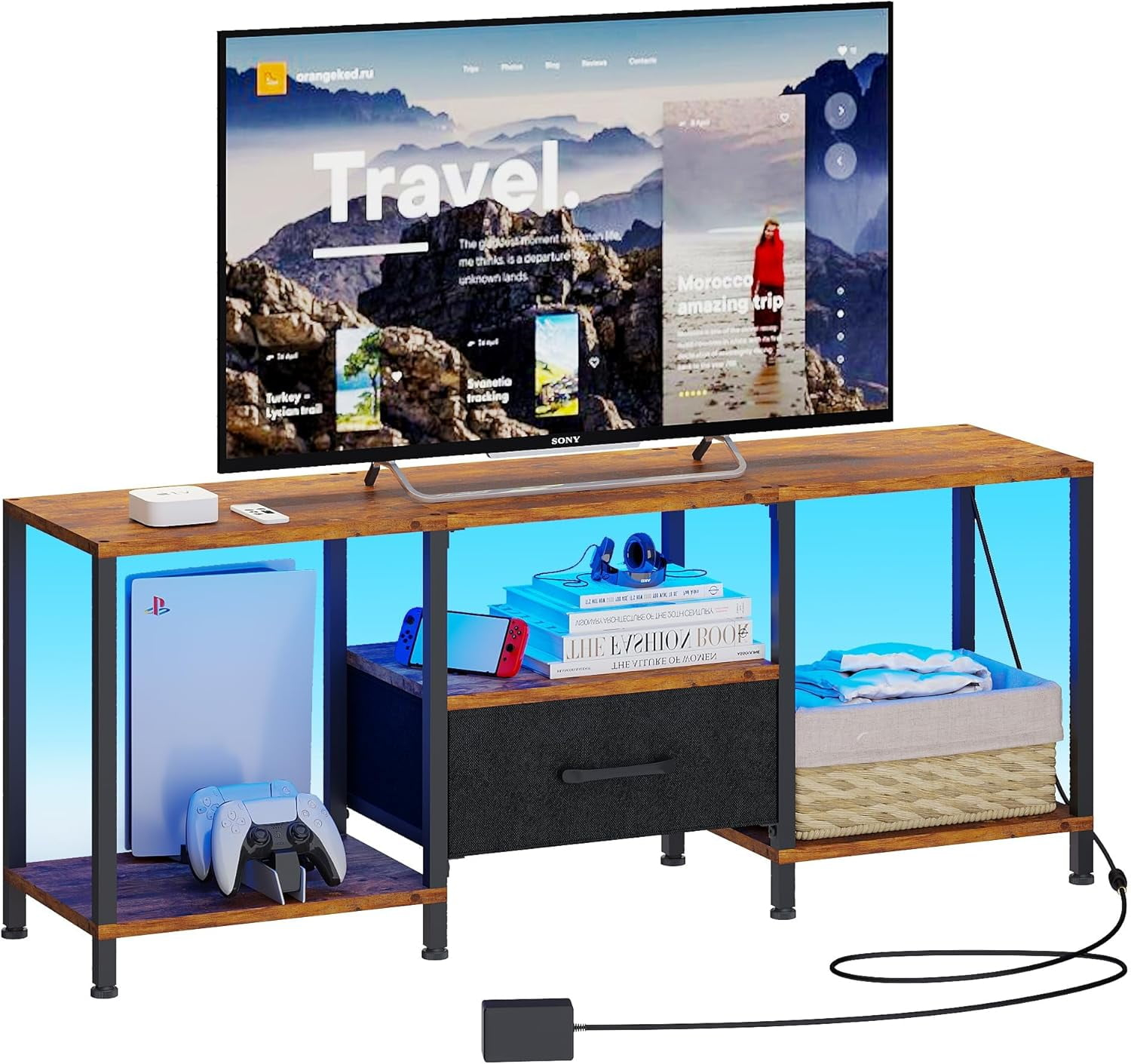 TV Stand with LED Lights, Entertainment Center with Open Shelves and Fabric Drawer, Media Console for 55 Inch TV, Television Stands, Living Room Furniture, Bedroom, Rustic Brown