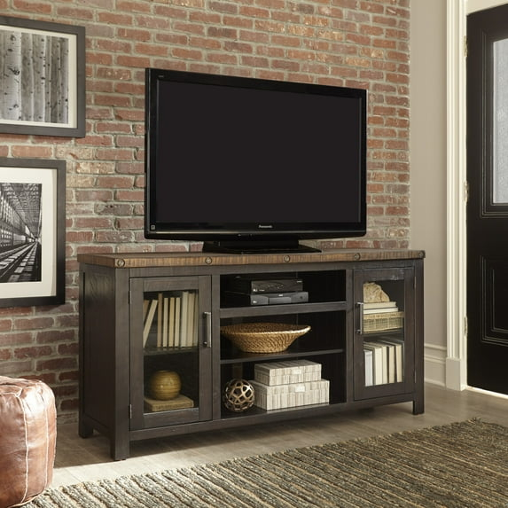 TV Stand with 2 Doors and Open Cubbies, Brown and Black- Saltoro Sherpi